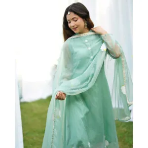 Ensemble de costume en organza vert peint à la main pour femmes Nargees, tailles XS-5XL - Product Image 2