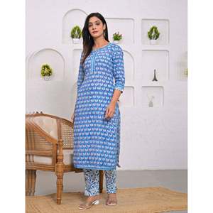Blue Hand-Drawn <b>Block</b> <b>Printed</b> Cotton Kurta Pant Set with Dupatta Ethnic Indian Wedding and Party Wear Stitched - Product Image 5