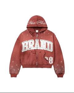 Custom Vintage Zipper Embroidered Rhinestone Streetwear Silk Screen Printing Acid Wash Oversized Winter 100% Cotton <b>Men</b> <b>Hoodies</b> - Product Image 5