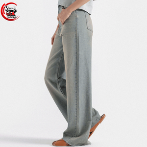 2024, ropa de calle transpirable de mezclilla recta Vintage de Color personalizado para mujer con decoración de cinturón de cintura alta de pierna ancha - Product Image 3