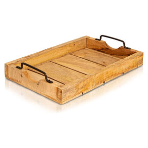 Bandeja para servir de madera de mango ecológica-Bandeja de cocina rectangular con asas de metal-Bandeja para servir grande única y elegante - Product Image 1
