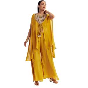 Yellow Chinon <b>Cape</b> Set With Zardosi Thread And Moti Work Wholesale Women Ethnic Apparel OEM Clothing Supplier Custom Outfit - Product Image 4