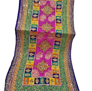 Hot Seller Handmade <b>Embroidered</b> Digital Printed Long Floral Pattern Pakistani Ethnic Silk Dupatta Gold Border Kaudi Shells - Product Image 6