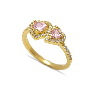 Anillo de Plata de Ley 925 Hecho a Mano en Turquía con Dos Corazones Rosados y Circonitas Transparentes - Product Image 1
