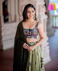 Ensemble Lehenga Kalamkari olive d'inspiration tamanna traditionnel travail brodé prêt à coudre pour la fête vêtements ethniques pakistanais indien - Product Image 3