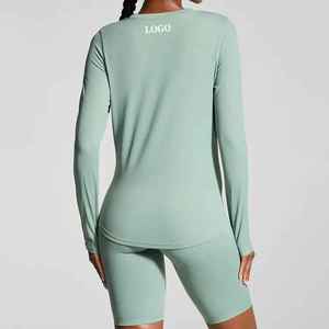 Haut de fitness à manches longues personnalisé modeste et short de vélo à impact élevé ensemble 2 pièces de yoga d'entraînement - Product Image 4