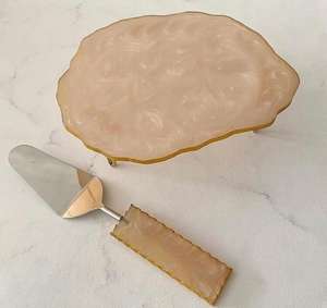 Soporte de pastel de lágrima única de Color azul y dorado de forma redonda de resina y acero inoxidable superventas con juego de servidor cumpleaños usado - Product Image 5