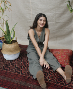 100% lin femmes col haut boutonné combinaison longueur de plancher couleur unie avec poche mignon Style européen modèle ordre requis - Product Image 3