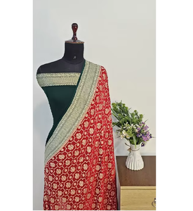 Sari de Seda Chiffon Georgette Banarasi Khaddi 100% Puro y Auténtico, Fácil de Usar, Suave, Lujoso, para Fiestas, Protección Solar, Secado Rápido - Product Image 5