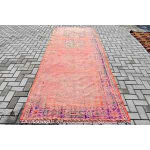 Turkish Vintage Rug 4.5x11.2 ft, <b>Red</b> Large Floral <b>Wool</b> Rug - Product Image 1