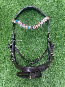 Bride islandaise équine en cuir italien anatomique sans mors avec pinces à pression en laiton massif et cristaux arc-en-ciel équipement pour chevaux - Product Image 4