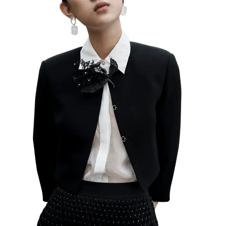 High Fashion CLIO LEGO KREIS JACKE Elegante schwarze Damen jacken Kurze Jacke Halbe Ärmel Rundhals ausschnitt Vietnam Hersteller