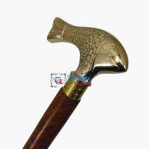 Ajustable chapado en oro de latón pulido cabeza de pez mango marrón de madera moderno bastón para hombres mujeres precio al por mayor ancianos - Product Image 1