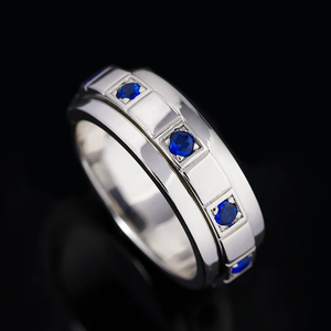 Bague rotative en argent sterling 925 avec saphir pour homme, bague anti-stress, pierre de naissance de septembre, alliance, bijoux personnalisés - Product Image 1