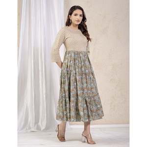 Vestido Anarkali de Algodón Verde Estampado, Estilo Americano - Product Image 6