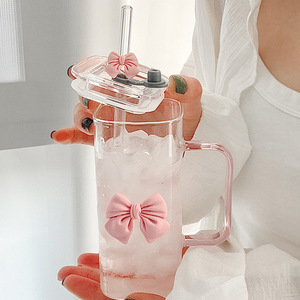 Double <b>Bow</b> Square Glass Water Cup-High-Value Heat-Resistant Office Tea Cup with Straw and Handle - Product Image 3