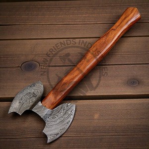 Hache à double lame en acier Damas faite à la main, de haute qualité, forgée, hache de combat viking, manche en bois de rose, étui en cuir, haches DIY - Product Image 2