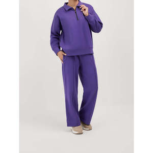 Conjunto de 2 piezas de forro polar morado liso para mujer, top de manga larga con cremallera y pantalones de pierna ancha, estilo urbano, uso diario, ajuste holgado, todo bordado. - Product Image 1