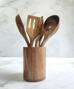 Cuillère de service en acacia Spatules fendues Spatules frites Ensemble de cuillères à huile Ustensiles de cuisine avec manche en rotin Outils de cuisine - Product Image 5