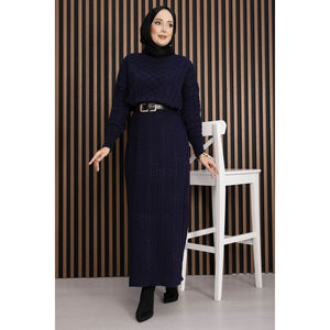 Navy Blue Maxi A-Line <b>Dress</b> Textured Knit Casual Modest Style Simple Fashion Print <b>Loose</b> Winter Made Viscose Nylon Washable - Product Image 3