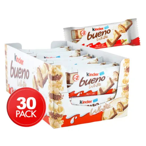 Barres blanches Kinder Bueno, boîte de 30 barres de chocolat blanc, de noisettes et de gaufrettes