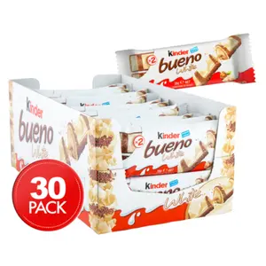 Kinder Bueno White Bars, Box of 30 White Chocolate, Hazelnut & Wafer Bars