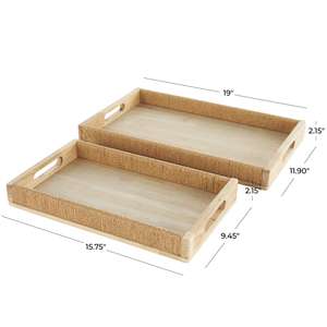 High Quality <b>Light</b> Brown Wood Handmade Serving Tray with Wrapped <b>Rope</b> Edges Slit Handles Set of 2 19\" 16\"W Wholesale Price - Product Image 4