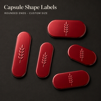 Étiquettes personnalisées en aluminium anodisé gaufré, forme capsule, rouge brillant, pour flacons roll-on d'huiles essentielles