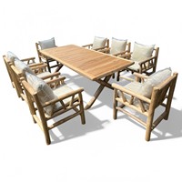 Ensemble de salle à manger d'extérieur en bois de teck tropical, style bohème moderne, artisanal, écologique et durable, pour hôtel et jardin