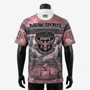 T-shirt de rugby pour homme, tissu polyester de haute qualité, panneau rayé rose et gris, logo sublimé personnalisé, polos de rugby pour homme - Product Image 4