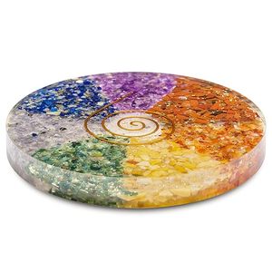 Precio al por mayor Piedras naturales de 7 Chakras Placa de orgonita Disco de energía redondo con símbolo sagrado para Reiki y equilibrio de chakras a la venta - Product Image 1