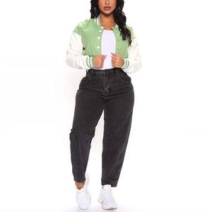 Nueva chaqueta universitaria de moda para mujer, chaqueta de cuero de manga genuina, cuerpo de lana teñida lisa, chaquetas de cuero para mujer al por mayor - Product Image 2