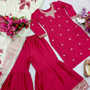 Costume Salwar pakistanais Panjabi rose pour femme avec haut rouge Dupatta Palazzo Suit Set for Party Girls - Product Image 1