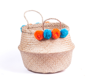 Venta al por mayor personalizable Boho Seagrass Belly Basket con pompones brillante solución de almacenamiento - Product Image 1