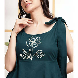 Deebaco Women's Teal Cotton Sleeveless Above Knee A-Line <b>Dress</b> With Floral Embroidery Square Neck <b>Loose</b> Fit Casual Summer Wear - Product Image 2