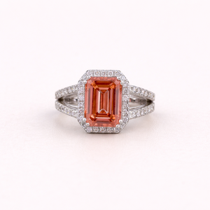 IGI Certified Emerald Cut Orange Lab Grown Diamond Halo Engagement And Wedding <b>Ring</b> in 14K White / Rose & Yellow Gold - Product Image 1