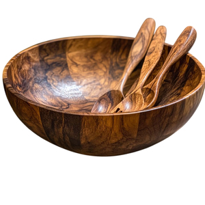 Ensemble de saladiers en bois d'acacia écologique, bols de service en bois naturel avec cuillères et fourchettes assorties pour la maison et la restauration - Product Image 3