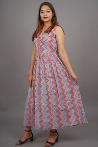 New Cotton Summer Wear Traditional Red Anarkali V-neck Sleeveless Formal Maxi A-line Floral Tier <b>Dress</b> - Product Image 2