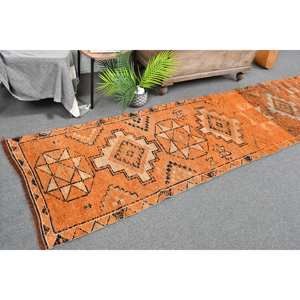 Tapis en Laine Vintage Turc Bohème Orange 2.6 X 10.3ft Patchwork Design Handmade Rectangle Weave Latex pour Couloir Tapis de Chevet - Product Image 1