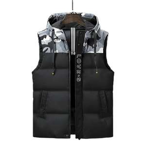Chaqueta de invierno para hombre de poliéster 100% al por mayor, chaleco de plumón acolchado para exteriores de camuflaje sin mangas con capucha y cuello levantado - Product Image 1