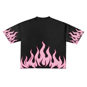 Men's Black Short Sleeve T-<b>Shirt</b> With Pink <b>Flame</b> Print Oversized O-Neck Street Style Jersey Cotton <b>Shirt</b> - Product Image 2