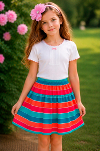Minigonna a pieghe a righe per ragazze, stile bohémien, in poliestere chiffon stampato, per feste estive alla moda - Product Image 5