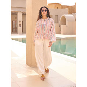 Striped Cotton 2-Piece Short Set <b>Capri</b> Shirt & Lantern <b>Pants</b> - Product Image 1