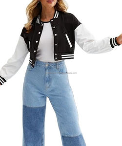 Vestes universitaires personnalisées de haute qualité pour femmes, manches longues en CUIR, veste de baseball décontractée, épaules tombantes, matière tricotée - Product Image 4