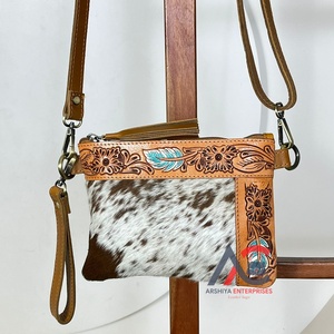 Portefeuille longue pochette mince en cuir repoussé à la main avec fermeture à glissière Durable femmes bandoulière de luxe portefeuille cheveux sur sac à main en peau de vache - Product Image 1