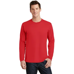 사용자 정의 캐주얼 일반 긴 소매 티셔츠 코튼 만든 라운드 넥 티셔츠 인쇄 로고 100% 면 빈 남자 긴 빨간색 염색 긴 소매
