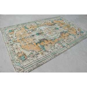 Turkish Vintage Large Rug 5.7x9.1 ft, <b>Yellow</b> Blue Striped <b>Wool</b> Rug - Product Image 3