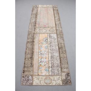 พรมตุรกีวินเทจขนาด 2.6x7.6 ฟุต, พรมปูพื้น, พรมลายปะติดสีน้ำตาล - Product Image 1