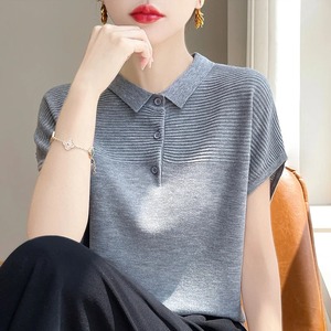 เสื้อยืดผู้หญิงผ้าถักเนื้อละเอียดใหม่เสื้อสเวตเตอร์ลำลองแขนสั้นเสื้อโปโลเสื้อเบลาส์เสื้อผ้าสตรีเสื้อทรงหลวมฤดูร้อน - Product Image 3