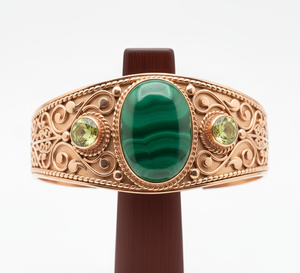 Handcrafted Natural Malachite Cabochon 925 Sterling Silver Rose <b>Gold</b> Plated 14k <b>Gold</b> Bohemian Men's Adjustable <b>Bangle</b> Cuff - Product Image 1